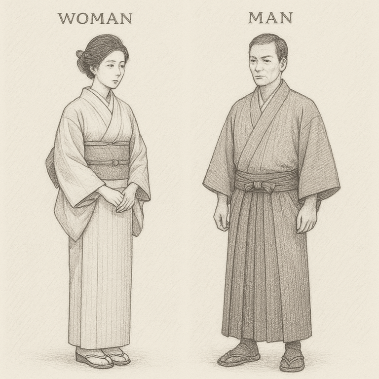 Gegenüberstellung Mann und Frau im Kimono Eine Frau in einem Kimono steht links und ein Mann in traditioneller japanischer Kleidung rechts.