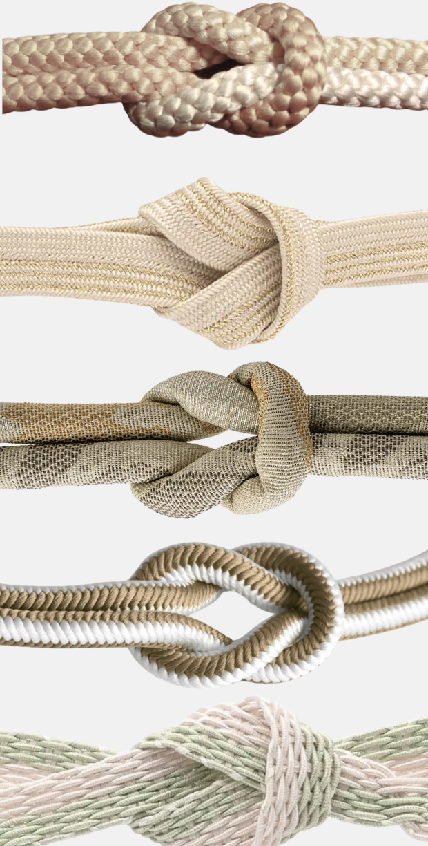 Verschiedene Arten von Knoten aus geflochtenem Schnüre in neutralen Farben.
